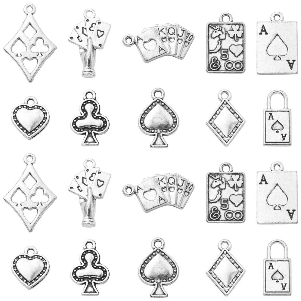 1612 100pcs 10 Styles Tibetan Poker Charms Antique Silver Heart Shaped